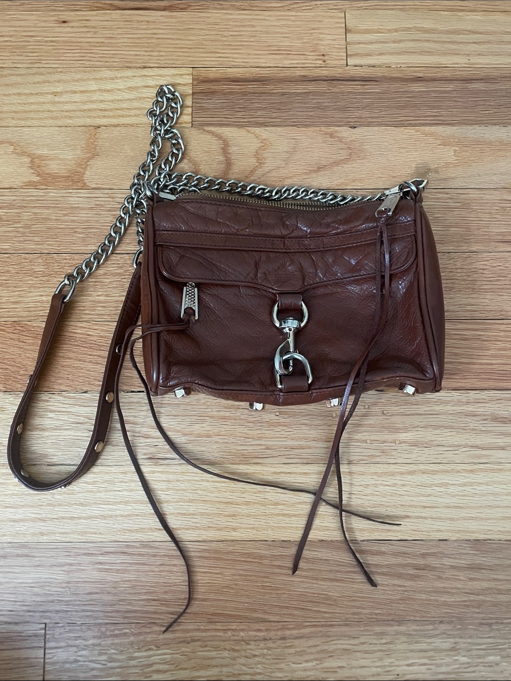 Rebecca Minkoff Brown Leather Mini MAC Crossbody with Silver Chain